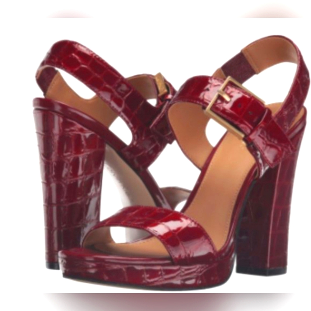 Calvin Klein  -Bett Croco Patent,  Red/block Heel/open Toe 7.5